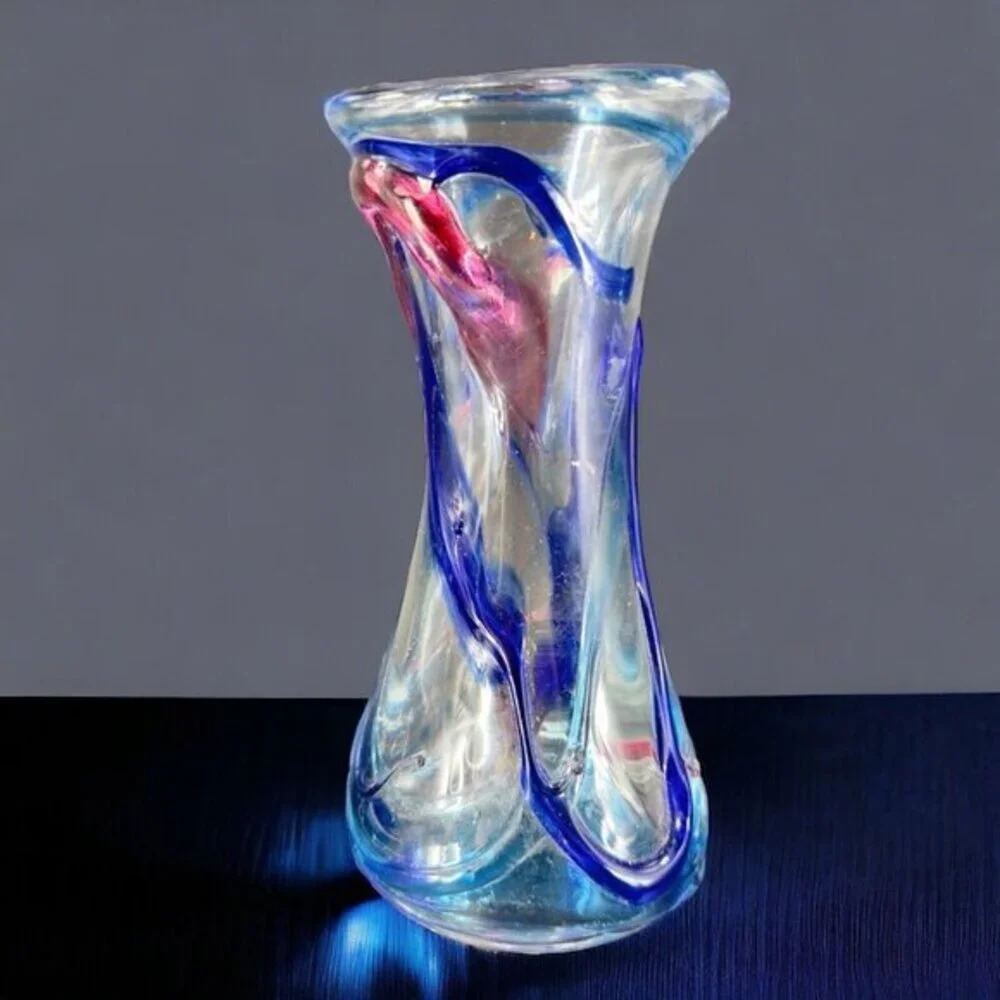 1997 Hand Blown Studio Art Glass Vase‎ Artist Signed JENN Multicolor Threads VTG
